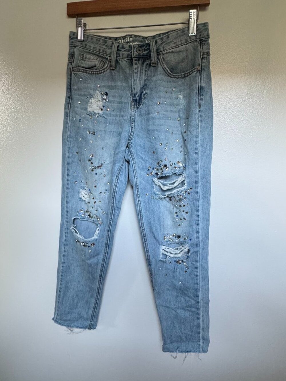 Hippie Laundry High Rise Girlfriend Jeans 27 Rhinestone Distressed Raw Hem